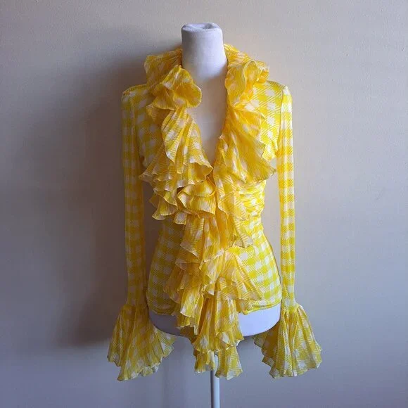 Roberto Cavalli Yellow Ruffle Sheer Silk Blouse Size 38 / XS - Picture 1 of 16